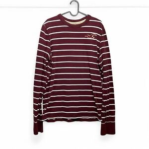 Hollister Preppy Coastal Burgundy White Crewneck Striped Sweater Men XL Nautical